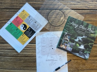 Dessa verktyg använder jag för att lägga en ba gua. Kompass, ta ut "facing" på hemmet (en riktning på kompassen). Varje riktning S,SV, V, NS, N, NO, Ö, SO. Varje bit står för olika energier. Där av kan jag tyda vad du behöver stärka, lägga till, ta bort i ditt hem för att skapa bra balans i harmoni.

